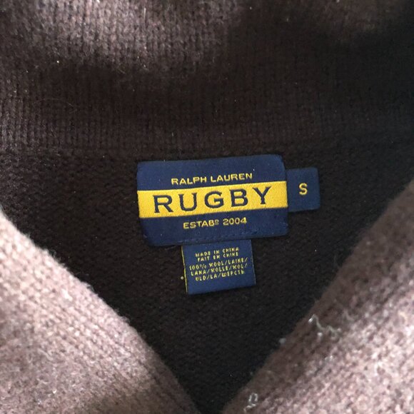 Rugby Ralph Lauren Wool Sweater Small Brown Shawl Collar Elbow Patches - Picture 2 of 6